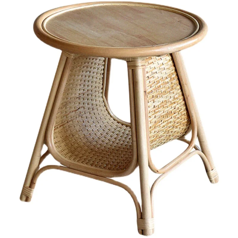 

round Rattan Storage Small Coffee Table B & B Wind Bay Window Side Table Magazine Shelf Complete