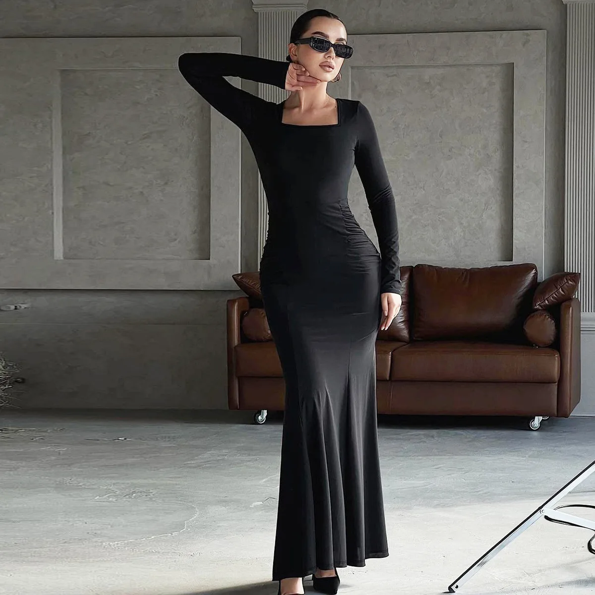 Autumn Fashion Black Maxi Dress Women's Square Collar High Waist Slim Elegant Party Dress Gown Female Solid Long Dress New