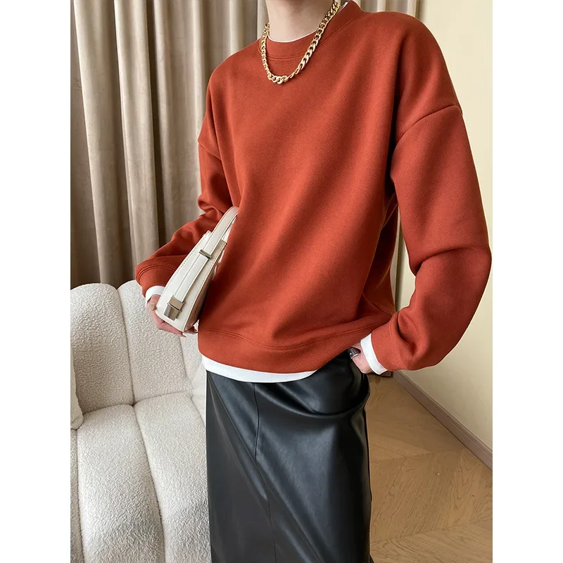 

Fashionable Autumn and Winter Two-piece Design and Contrasting Color Round Neck Casual Velvet Thick Sweatshirt Tops