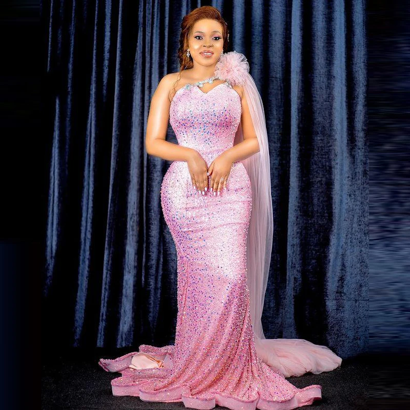

Sparkly Sequins Mermaid Prom Dresses One Shoulder Beads Side Train Pink Evening Gowns African Women Aso Ebi Wedding Party Dress
