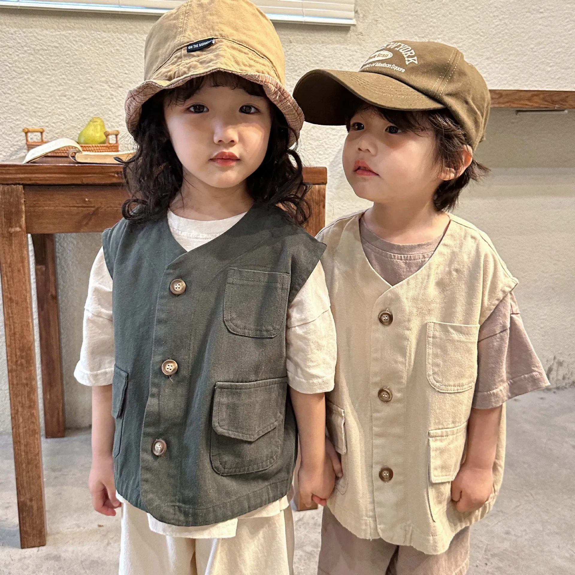 

4704C Korea Children's Clothes Tooling Vest 2023 Spring and Autumn Simple Fashion Boy's Vest Coat 1-10Year Kid's Waistcoat