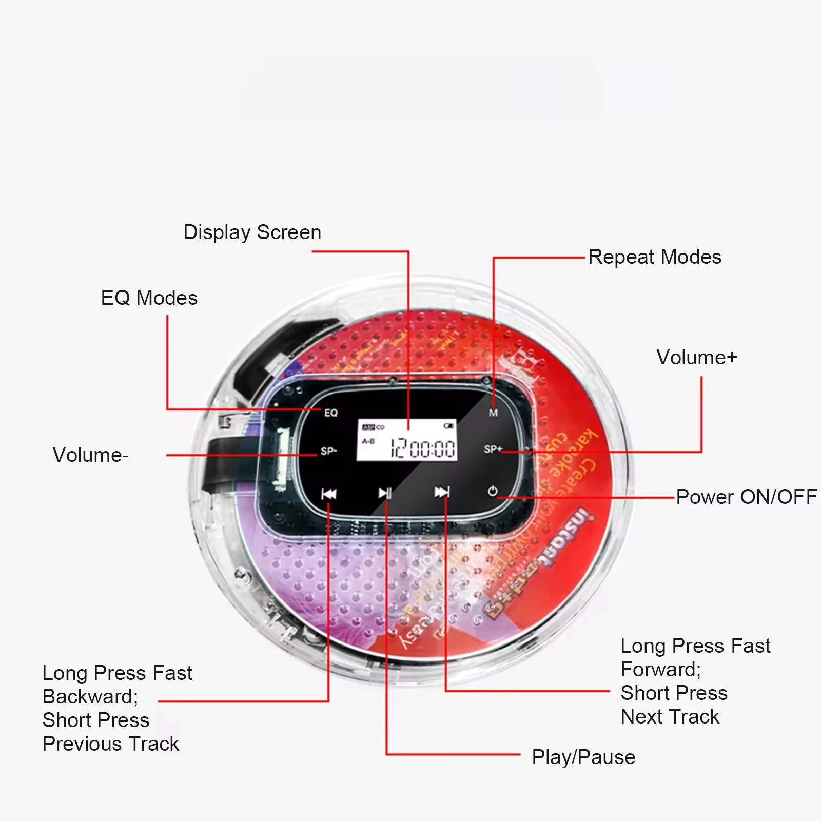 Music Player Portable CD Player with 3.5mm Wired Headphones Support TF Card