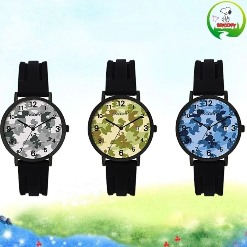 

Мужские модные простые крутые оригинальные Кварцевые водонепроницаемые часы Snoopy в Корейском стиле с мультяшными буквами и камуфляжным ремешком календарем