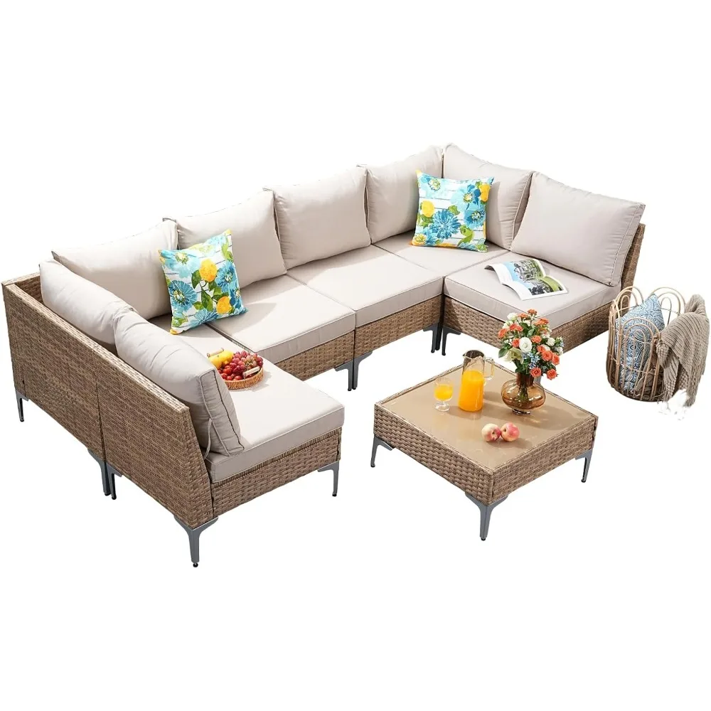 w/Coffee Table,All-Weather Outdoor Sofa with Thick and Anti-Slip Cushions for Deck, Garden Sofas 3