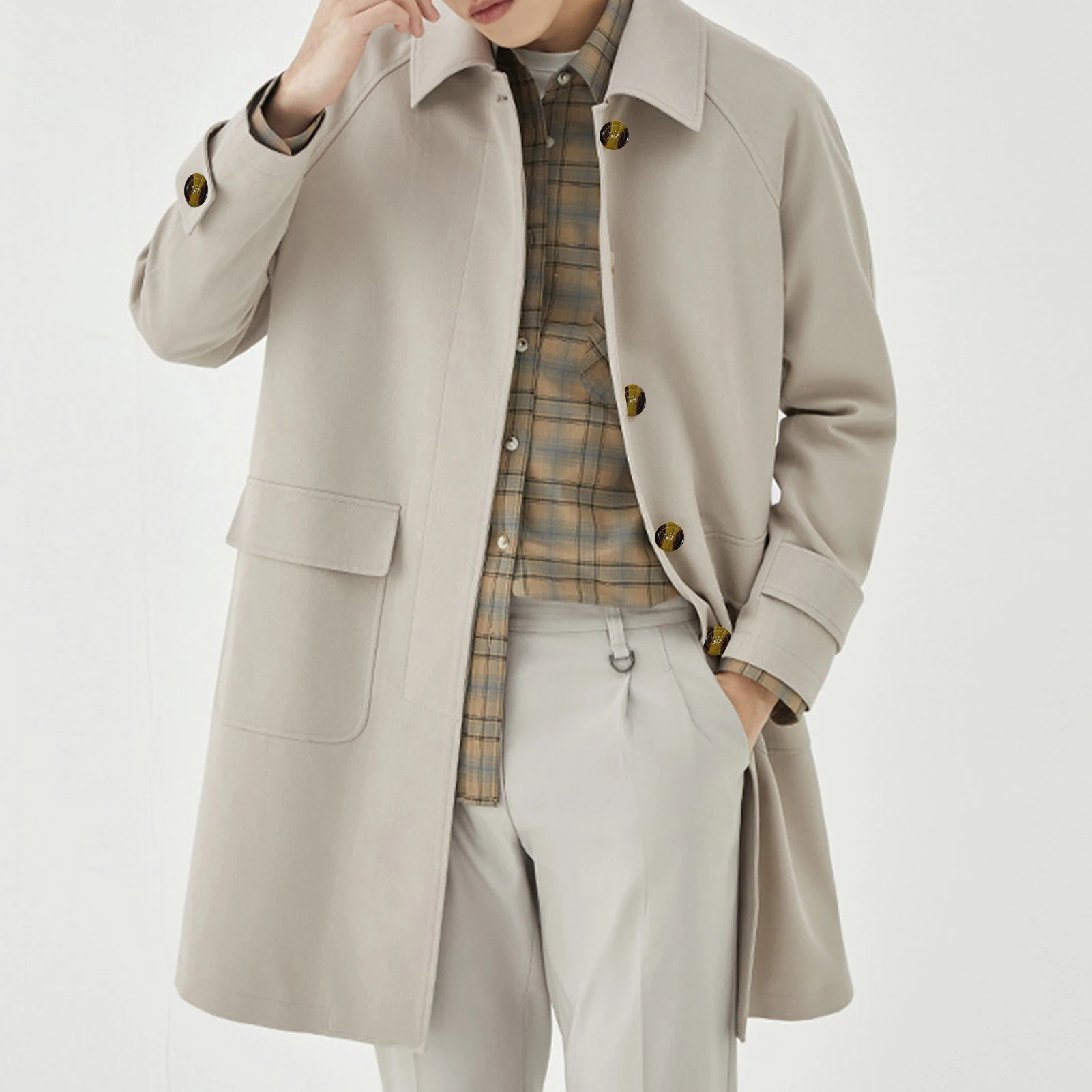 Men's Jackets Spring Single Breasted Medium-Long Trench Coat Male Solid Color Khaki Coat Windbreaker Large Size