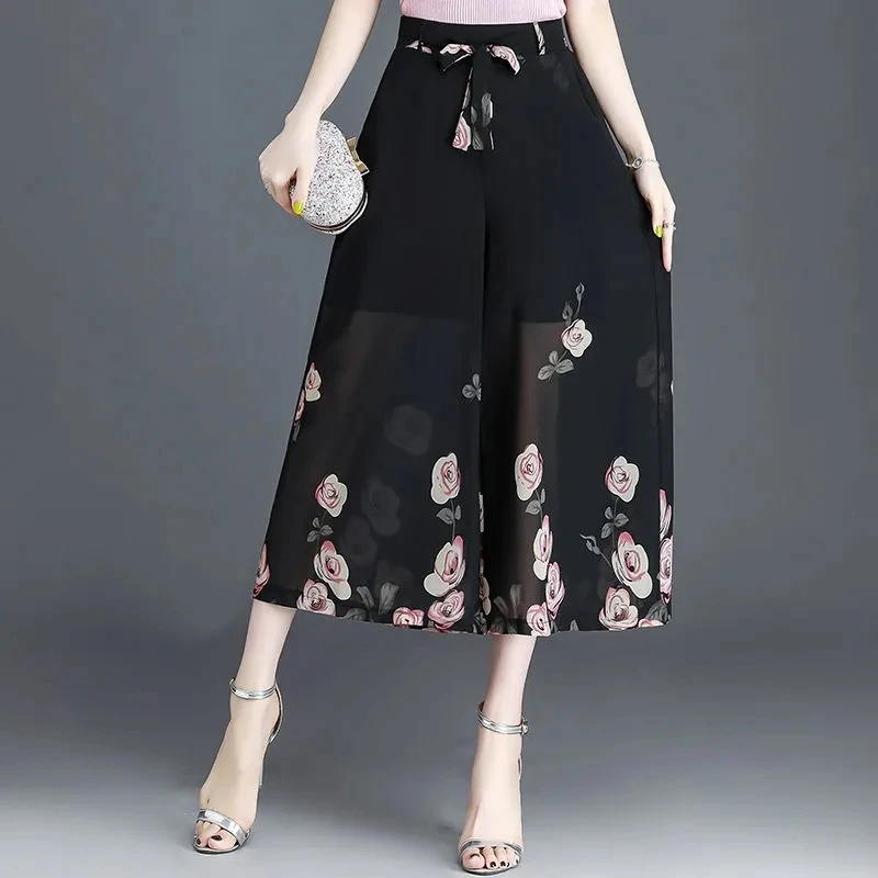 

Chiffon Wide Leg Pants Women Black 4 Style Can Choose Printing Thin Pant Female Summer Korean Fashion Casual Harajuku Culottes 8