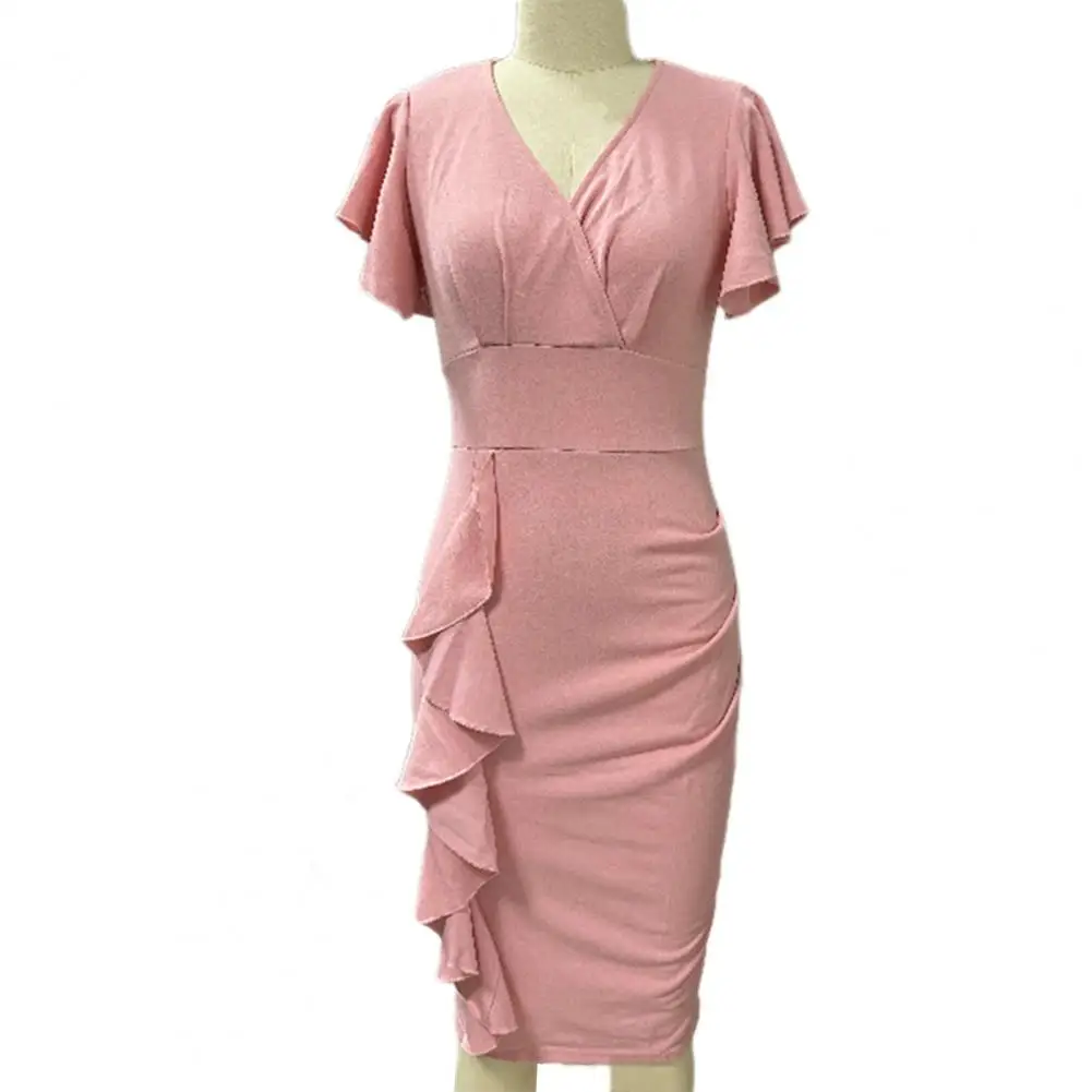 

Formal Midi Dress Elegant V Neck Ruffle Sleeve Midi Dress for Women Soft Tight High Waist Sheath with Elastic Ol for Party