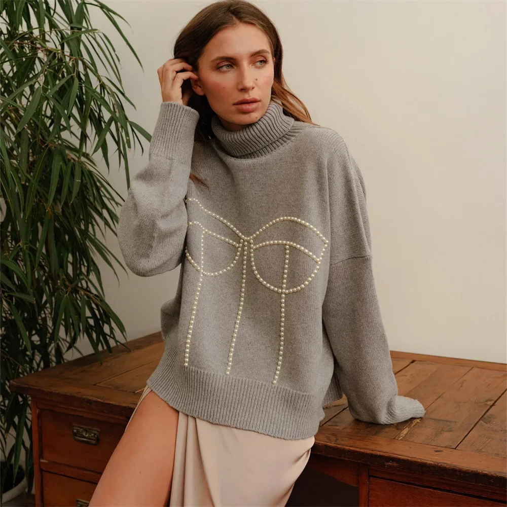 

DIOSA Traf Official Store 2023 Women Turtleneck Drill Pearl Tops Pullover Oversize Winter Clothes Ladies Knitting Loose Sweaters