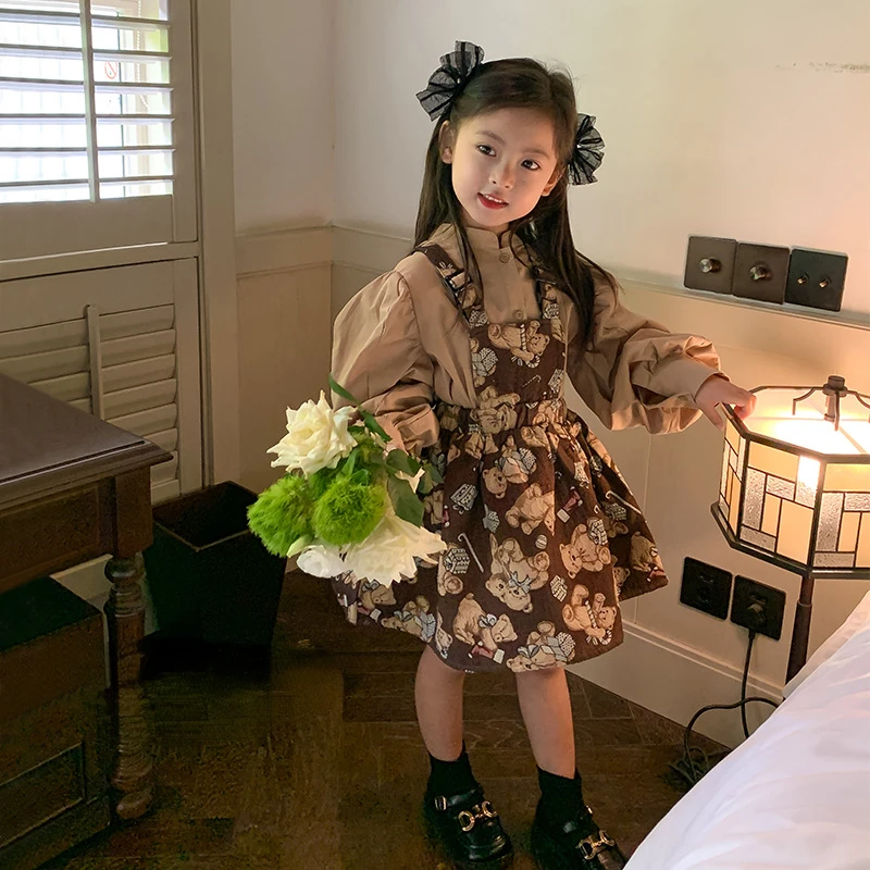 

2022 Autumn girls cartoon bears embroidery overalls dress little princess fashion all-match suspenders dresses