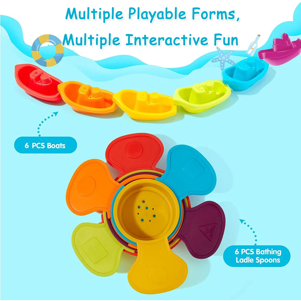 Baby Bath Toys, Stacking Boat & Spoons Toys, Early Education Intelligence Gift, Rainbow Color Stacked Cup Folding Tower Baby Toy 2