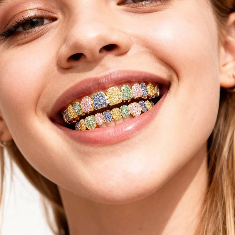 New Exquisite Hip-Hop Full Diamond Braces Real Gold High-Quality Cubic Zirconia Punk Rapper Oral Jewelry Men Women Role Play - 2