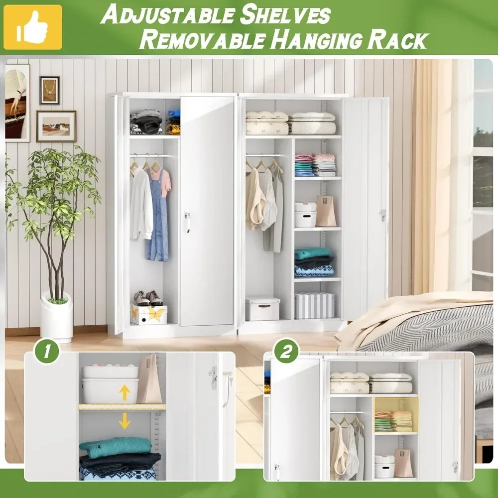 Wardrobe Closet, 72" Armoire Wardrobe Cabinet-Functional Clothes Storage with Hanging Rail, White Storage Cabinet, Metal Cabinet 2