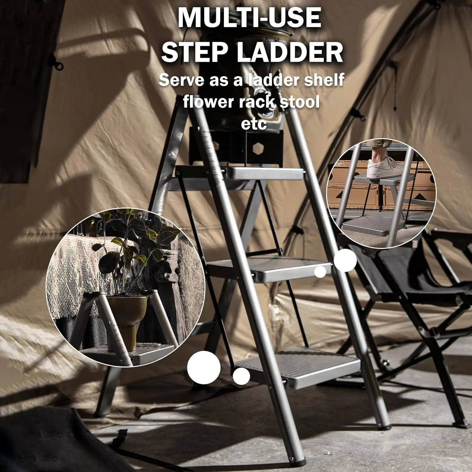 3 Step Ladder, Folding Step Stool with Anti-Slip Wide Pedal, Portable Sturdy Steel Ladder 3 Steps, 330lbs Safety Kitchen