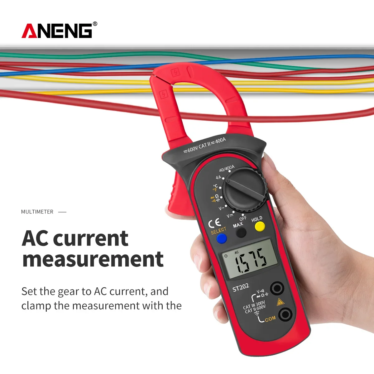 ANENG ST202 디지털 클램프 미터 400A AC 전류 600V AC/DC 전압 저항 커패시터 다이오드 온/오프 온도 측정