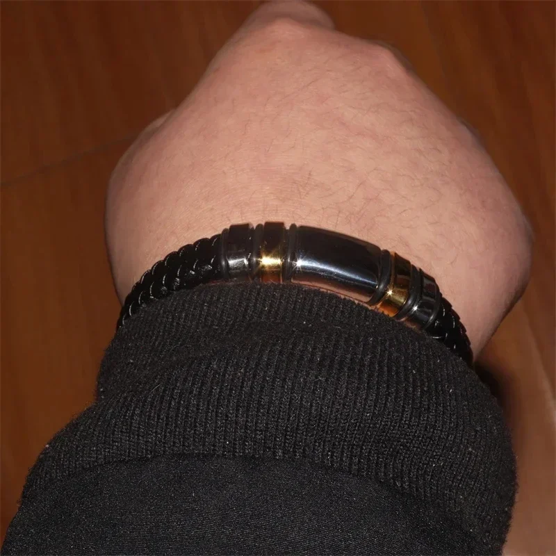 Classic Black Single Layer Hand Braided Leather Bracelet with Magnetic Closure Men's Charm Fashion Casual Jewelry Gift bangle bracelet leather bracelets leather bracelet woven bracelets magnetic bracelet