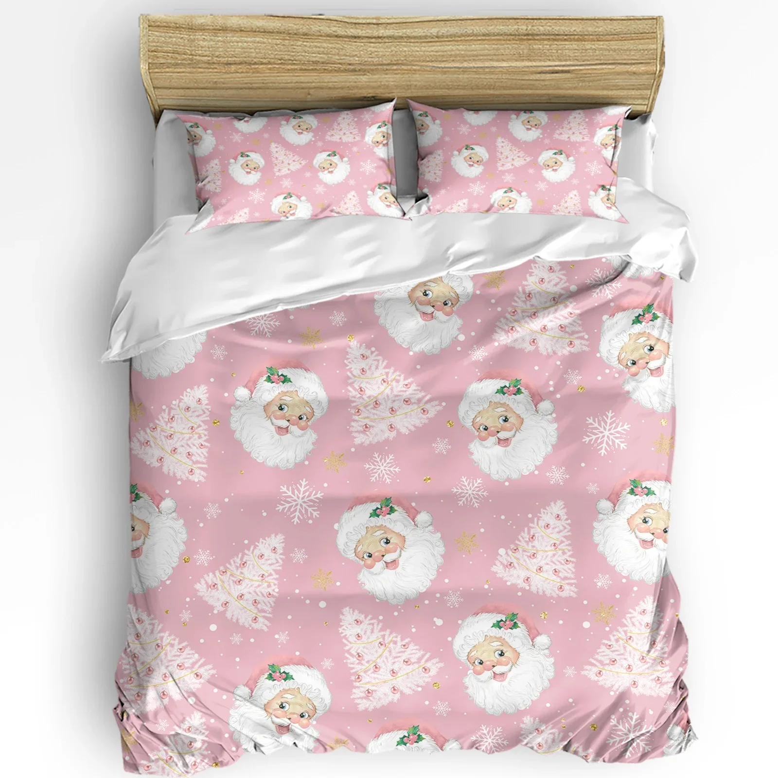Christmas Santa Claus Snowflakes Pink Stripes 3pcs Bedding Set For Double Bed Home Textile Duvet Cover Quilt Cover Pillowcase