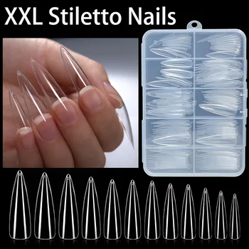 120Pcs extra long ballet press-on false nails, extra long stiletto shape, full cover glossy basic XXL nail tips, transparent whi 1