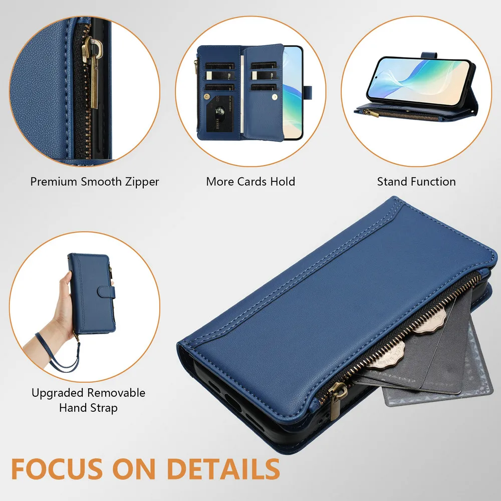 Luxury Zipper Leather Flip Case with 9-Card Slots