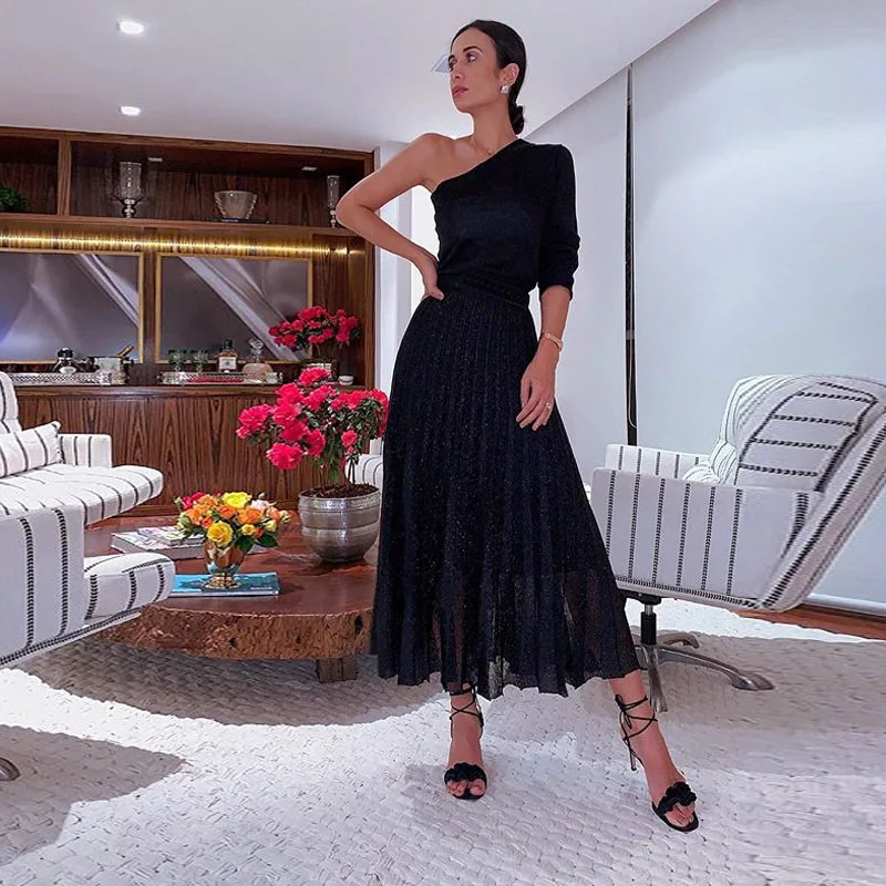 

Summer Slant Shoulder Short Sleeve Pleated Slimming Stretch New Women's Dress