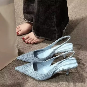 Fashion brand designed knitted platform heels for women, pointed-toe party shoes, comfortable large-size summer stiletto sandals 1
