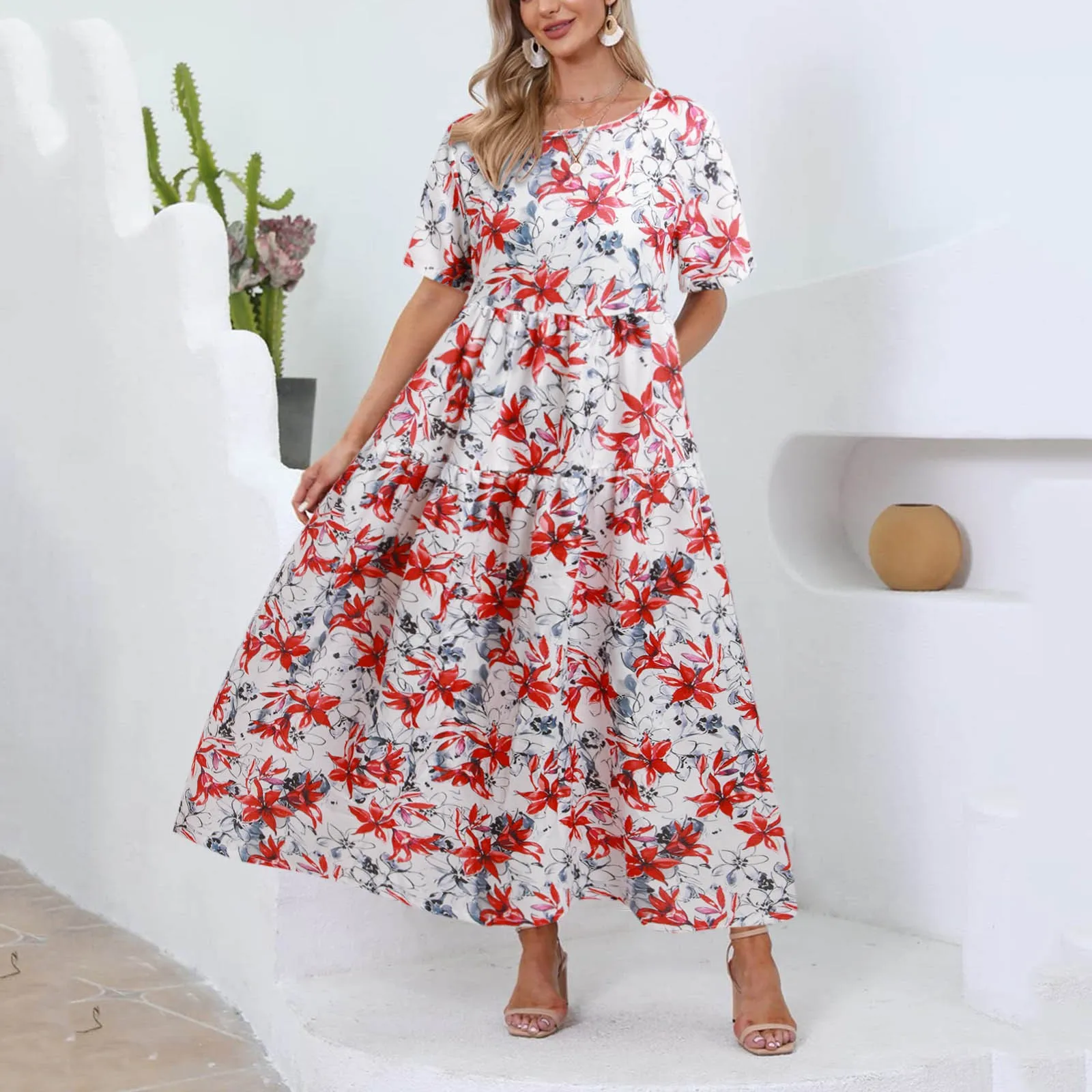 

Women Casual Bohemian Floral Dress With Pockets Short Sleeve Maxi Summer Beach Swing Female Loose Printed Dresses Fall Dresses