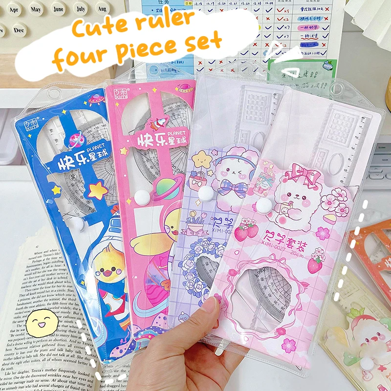 

1Set Cartoon Stationery Ruler Students Transparent Rulers Set Straight Ruler Graduated Ruler Triangular Ruler Office Stationary