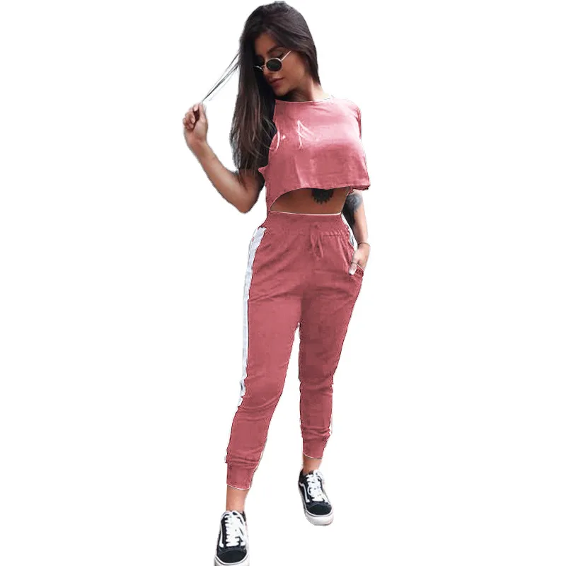 

Women's Round Neck Short Sleeve Navel Drawstring Elastic Waist Fashion Casual Suit 2 Piece Sets Womens Outfits