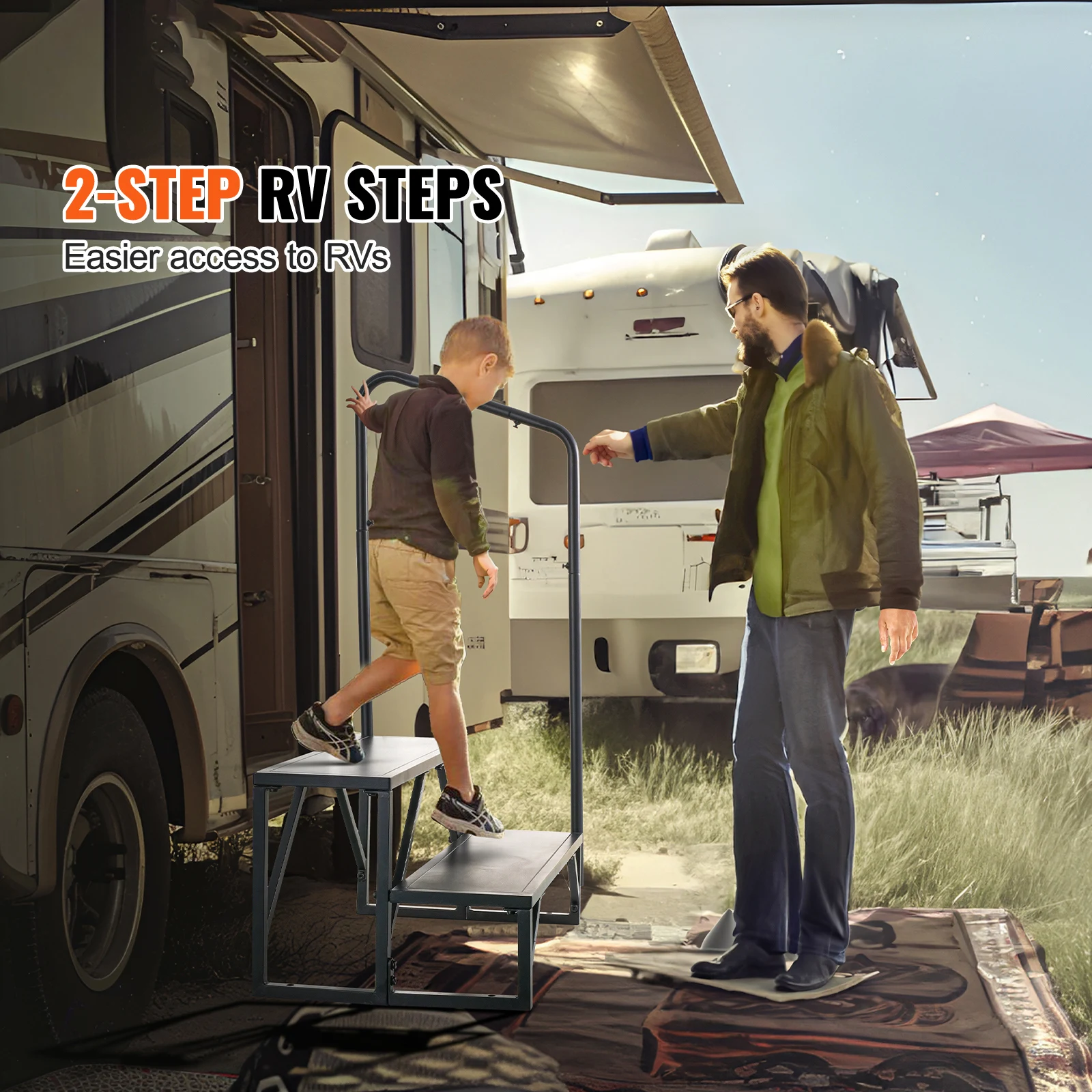 SucceBuy RV Steps 2-Step RV Stairs 440 LBS Load Capacity Thickened Carbon Steel With Handrail Non-Slip Steps for Safe Entry Exit
