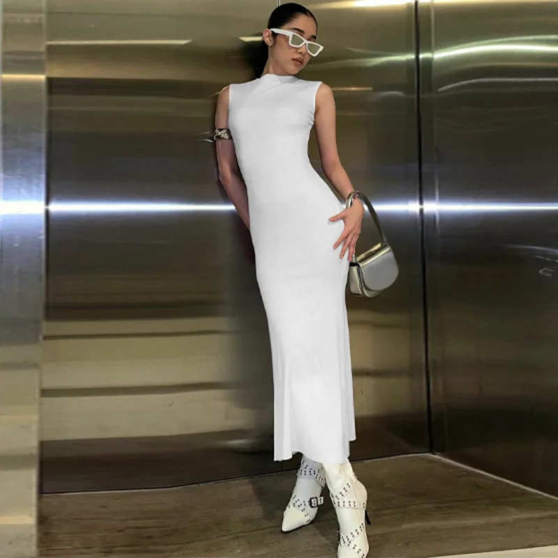 

Women Clothing 2023 Summer New Fashion Slim Fit Slim Dress Solid Color O Neck Ankle Length Tank Sleeveless