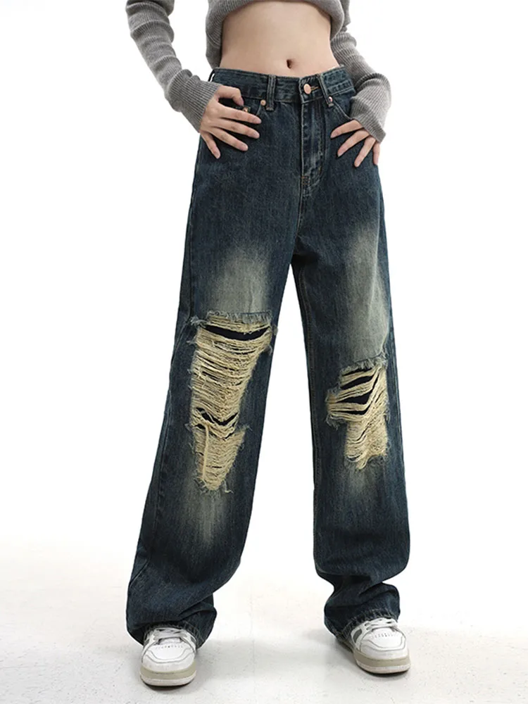 

Spring Summer Women's Street Jeans Ripped Jeans High Waisted Baggy Jeans Wide Leg Jeans Y2K Hip Hop Pants Blue Fashion Jeans