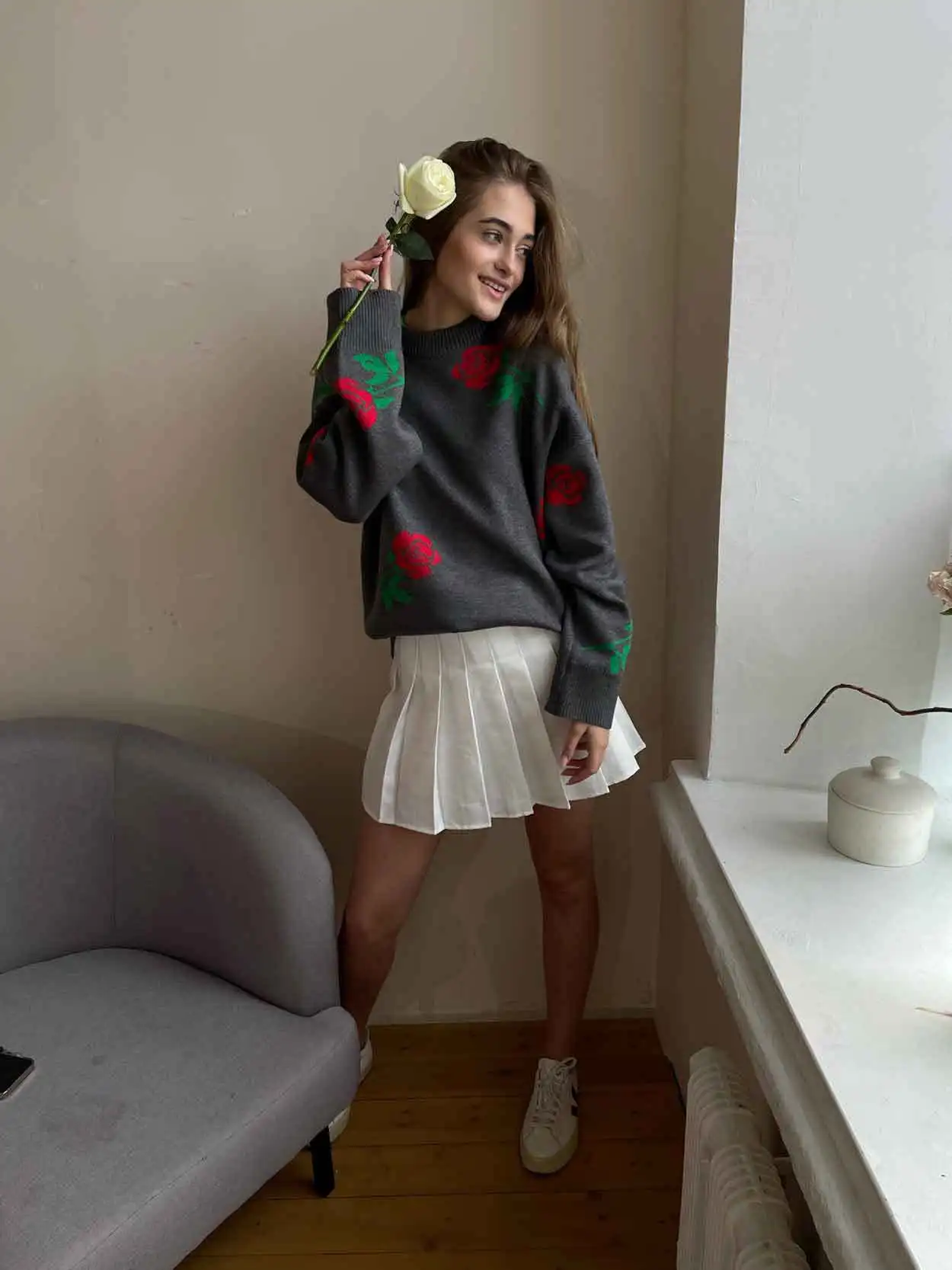 Autumn Knit Sweater Pullover Women's Printed Long Sleeve High Waist Ribbed Fashion Loose Knitwear Top Female Sweater