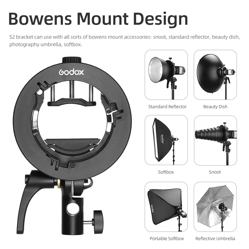 Flash Holder Original Godox S2 Bowens Mount Flash S-type Holder Bracket for Godox V1 V860II AD200 AD400PRO Speedlite Flash Snoot Softbox
