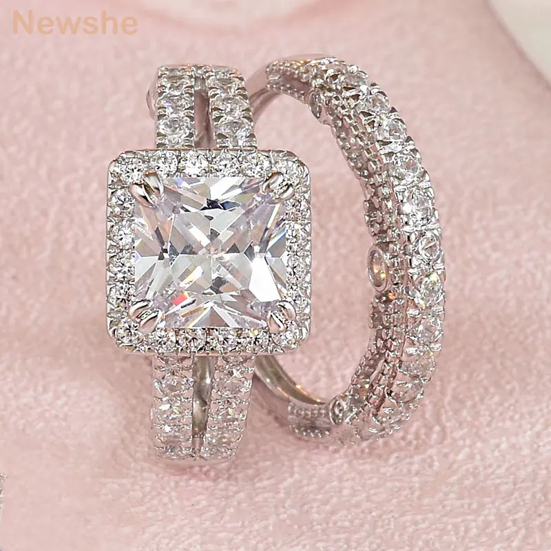 Newshe 2 Pcs Vintage Wedding Ring Set Solid 925 Sterling Silver 4Ct Princess Cut AAAAA CZ Engagement Rings for Women Bridal