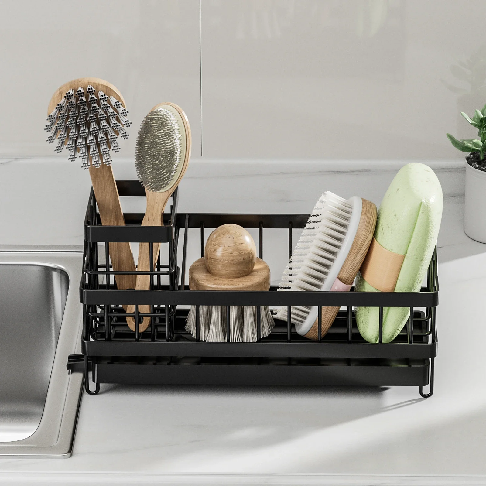 1pc Kitchen Sink Sponge Drain Rack Sponge Towel Brush Cleaner Storage Wall mouted style Countertop style Black 5