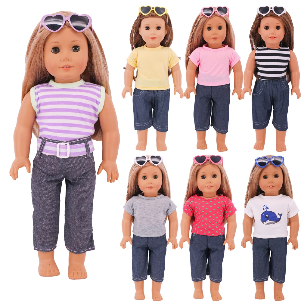 3 Pcs/Set = T-shirt +Jeans + Glasses For 18inch American Doll 43cm Reborn Baby Casual Suit Clothes Accessories Our Generation 18inch american doll girl 43cm born baby 12pcs set coat hange shoes glasses print clothes suitcase accessory our generation gift