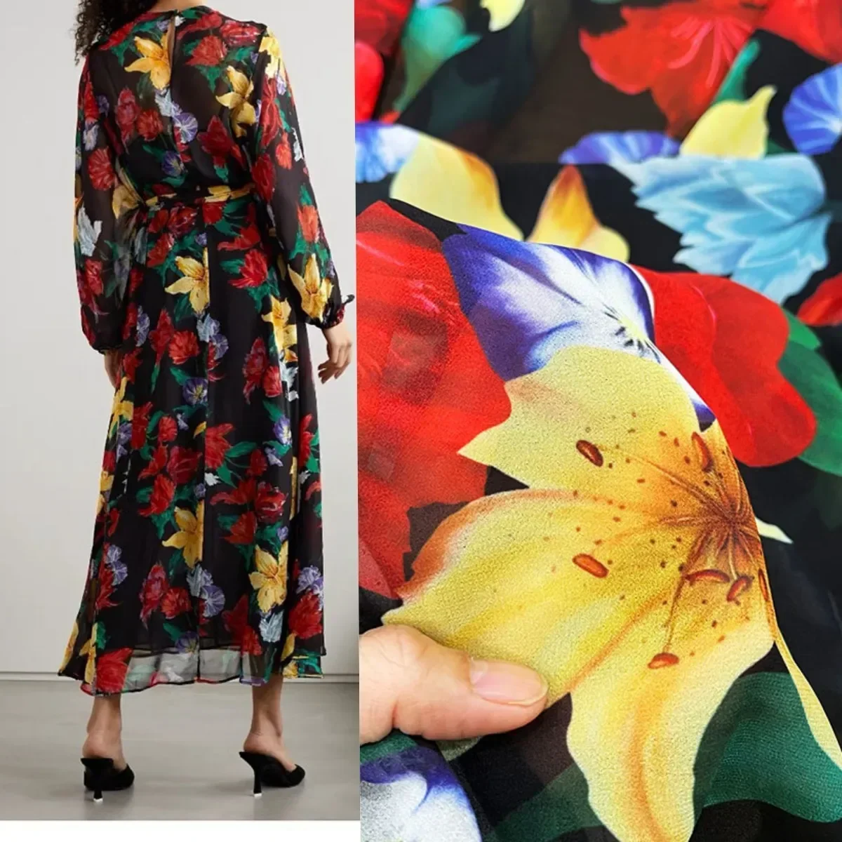 2023FashionHighQualityChiffonPrintedWomensDressRedFlower