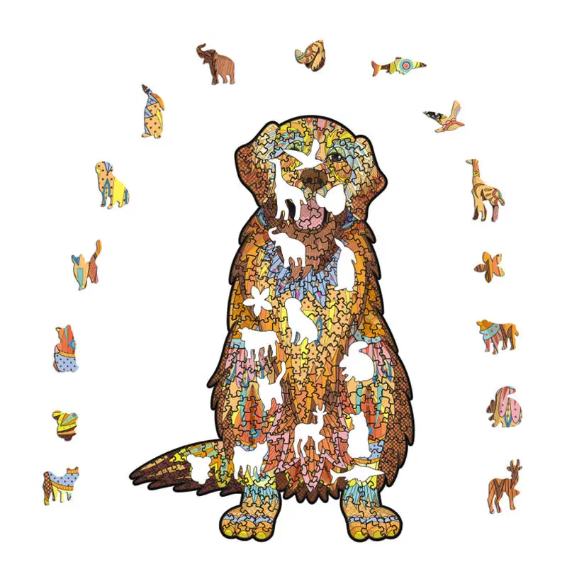 Hot High Quality Wood Jigsaw Puzzle Golden Retriever Wooden Puzzles Adults Montessori Educational Toys Children Board Game Gift 2