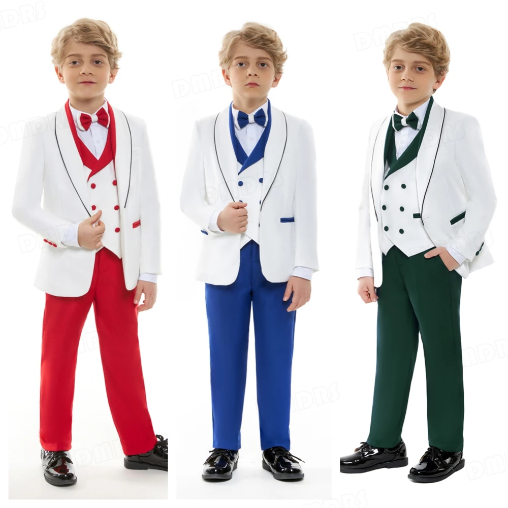 4 Pieces Boy's Smart Suit Set One Button Jacket Vest Pants Bow-tie Formal Tuxedo For Kids From 2 To 14 Years Ring Bearer Suits
