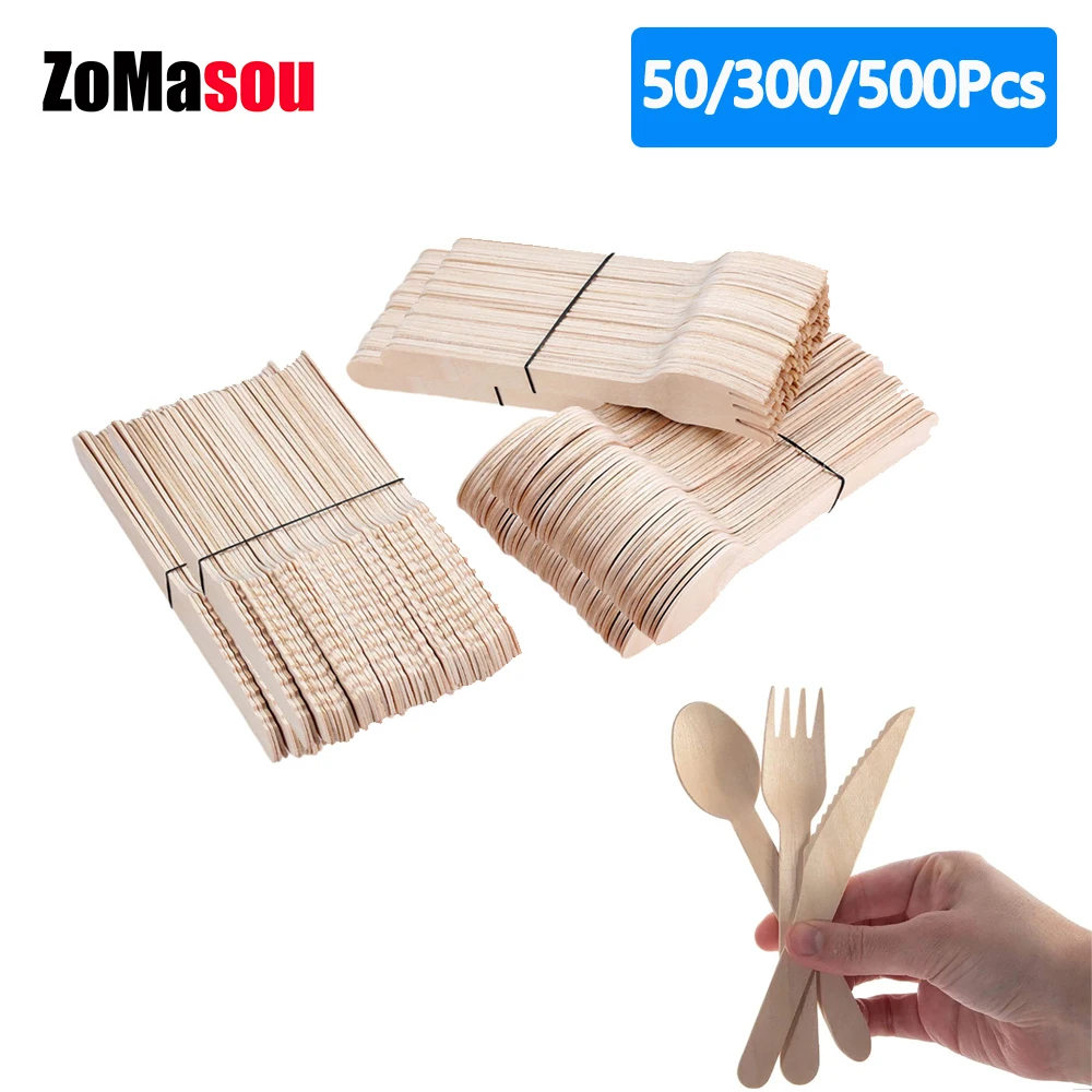 10-500Pcs Disposable Wooden Cutlery/ForksSpoons/Cutters Knife Wedding Birthday Party Supplies Kitchen Utensil Dessert Cake Scoop 1