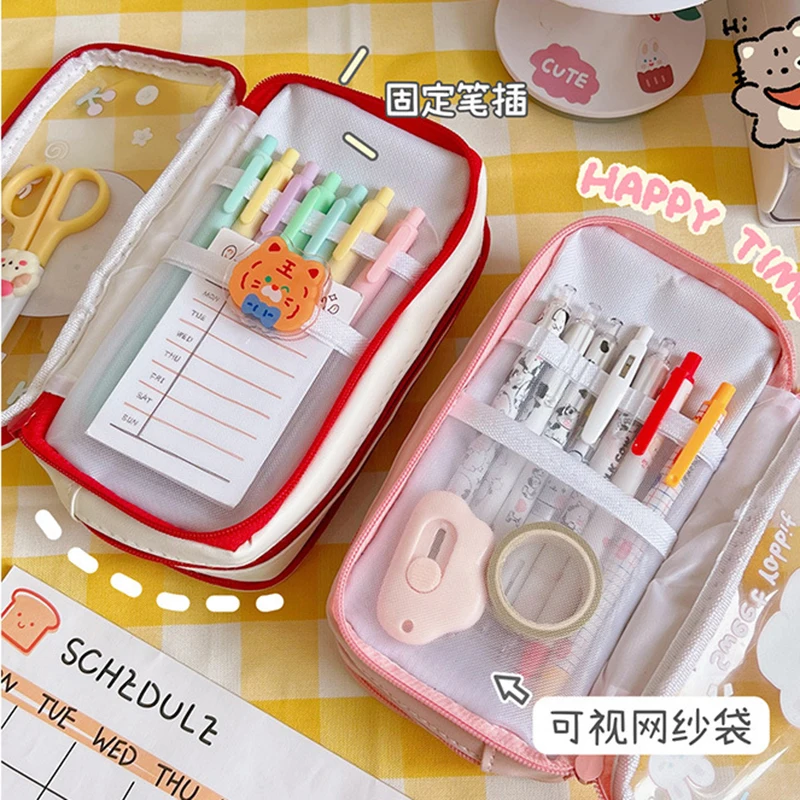 Kawaii Transparent Pencil Case Girls 3 Layers Large Cartoon Stationery  Storage Bag Fashion Portable Cute Pencil Bags Female 504