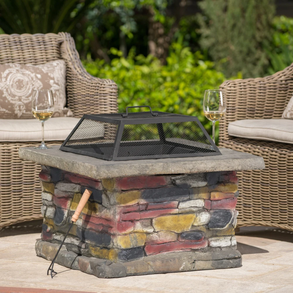 28" Concrete Wood Burning Outdoor Fire Pit Table with Lid-Natural Gray firepit