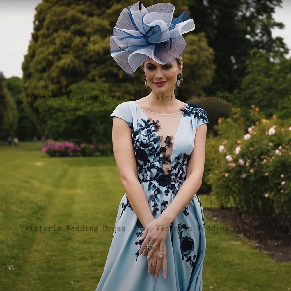 Elegant Blue Mother of the Bride Dresses V Neck Cap Sleeves Wedding Party Gowns Appliques Ankle-Length A-Line 2024 فستان سهرة