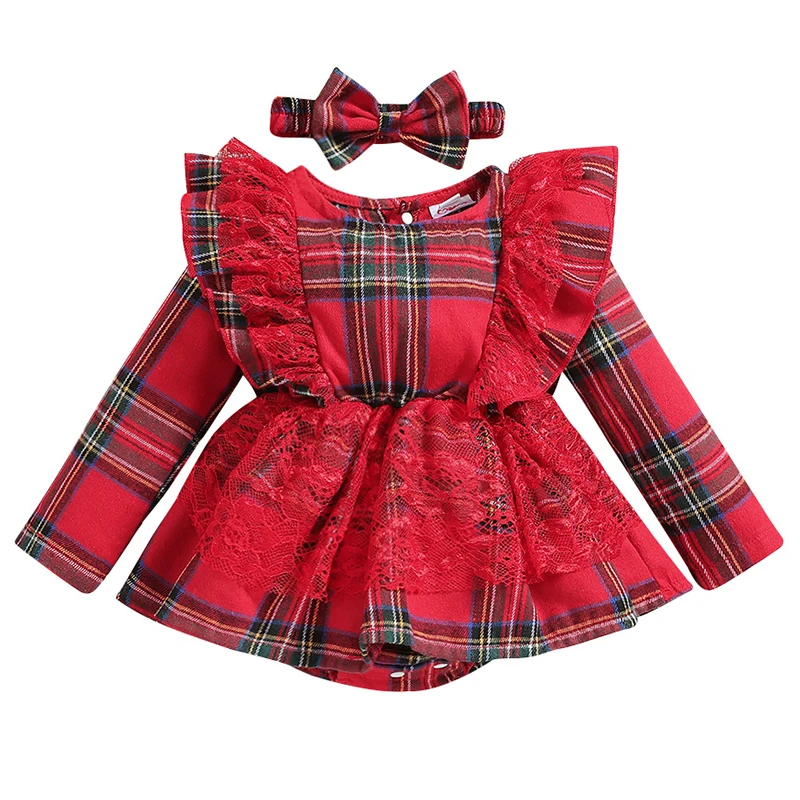 2Piece Set Fall Newborn Girls Clothes Jumpsuits Cute Plaid Long Sleeve Cotton Lace Bodysuit+Headband Baby Christmas Outfit BC826