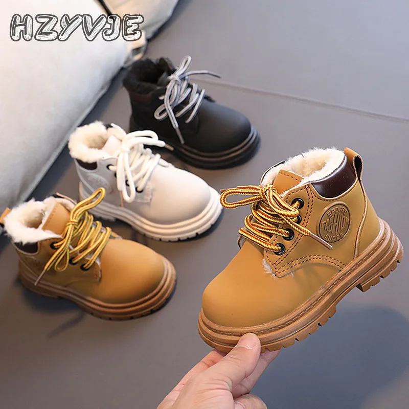 Kid's Leather Upper With Plush Short Boots Boys Autumn Winter New Children Fashion Warm Side Zipper Boots Girls Warmth Shoes