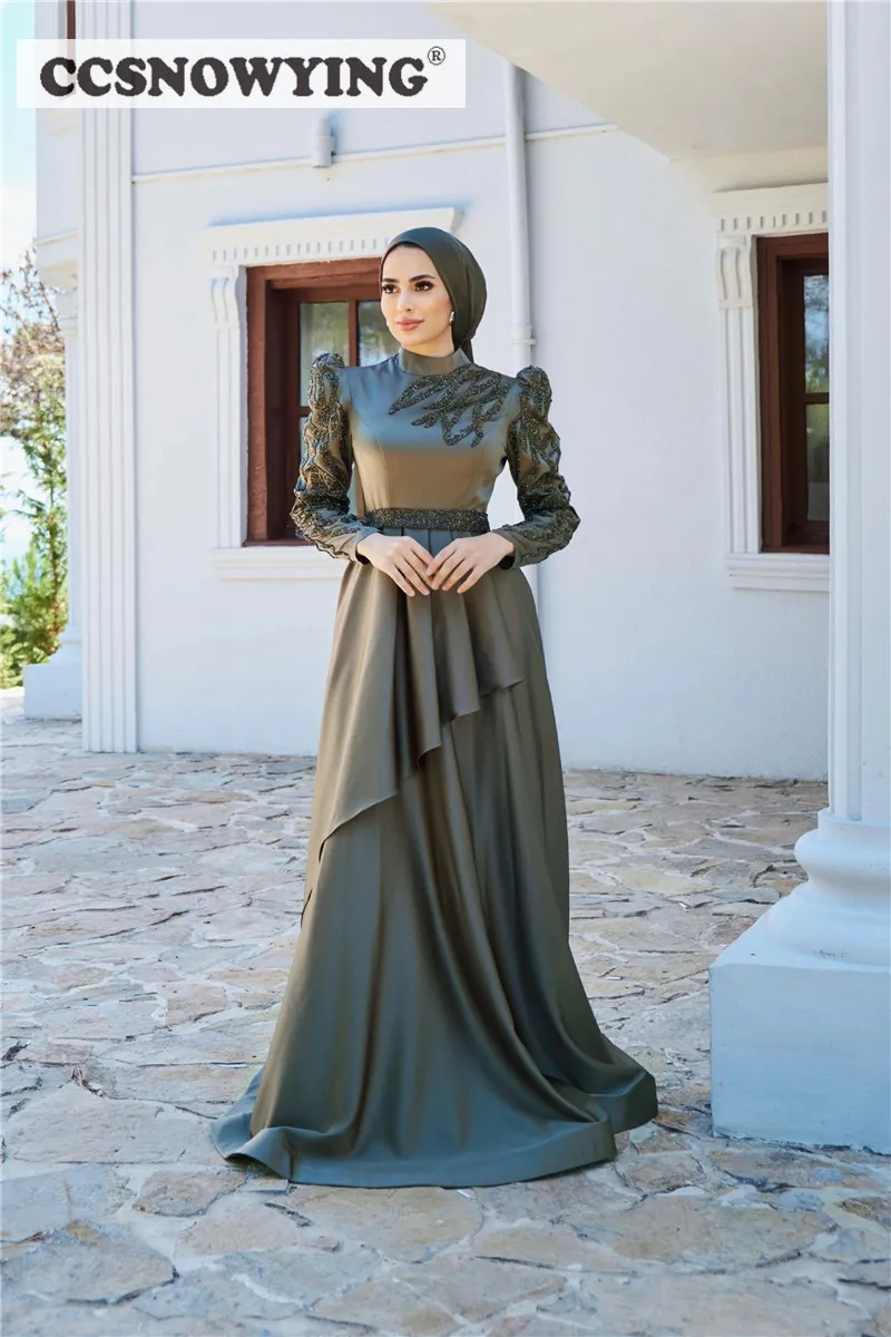 

Olive Muslim Evening Dresses Long Sleeve High Neck Hijab Prom Formal Party Gown A Line Satin Beaded Arabic Dubai Islamic Robes
