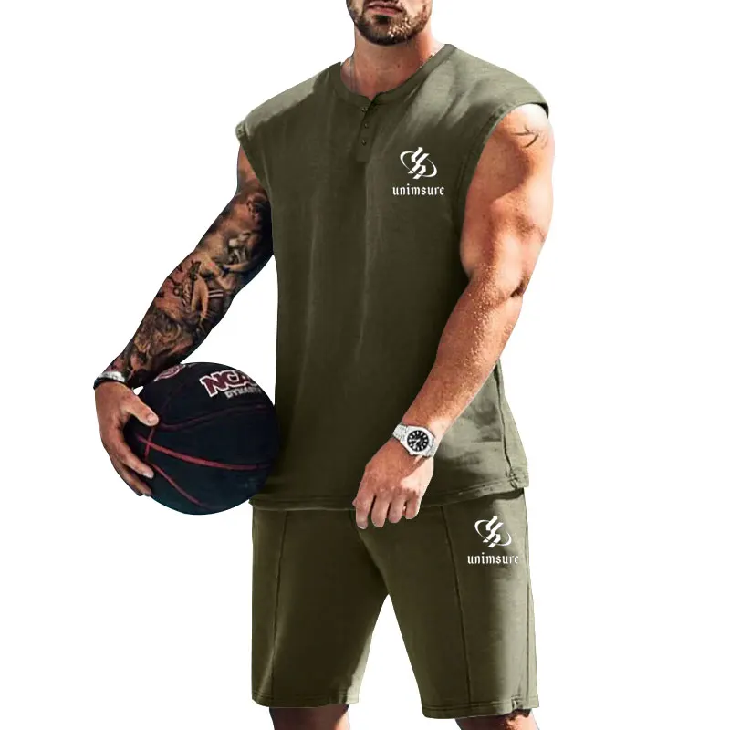 The New Summer Men's Tracksuit Simple Printed Henley Collar Sleeveless Vest And Shorts Two-piece Casual Fitness Training Wear