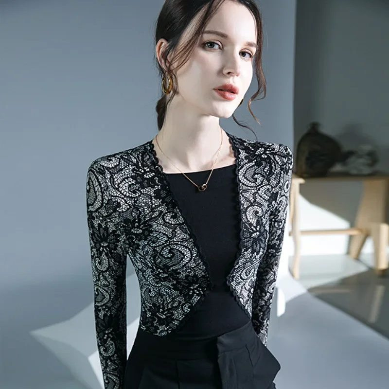 

HIgh Quality 2024 Women T-shirt Joint Print Design Female Autumn Sexy Crop Top Clothes Casual Fashion Blouses Grace Meeting
