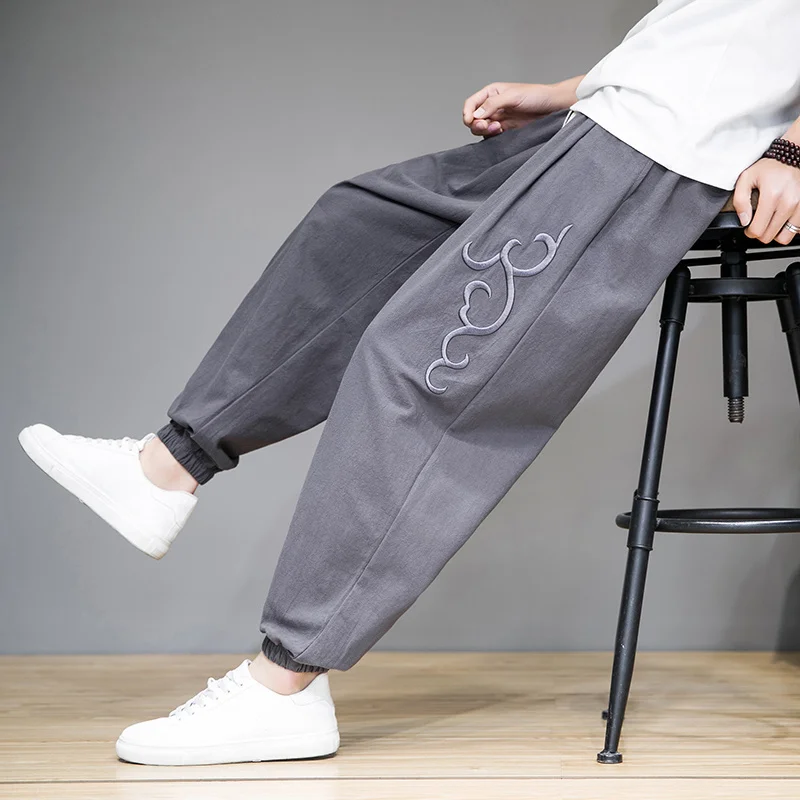 

Chinese Style Summer New Cotton Linen Pants Men Embroidered Thin Section Casual Pants Large Size Streetwear Harem Pants Bloomers