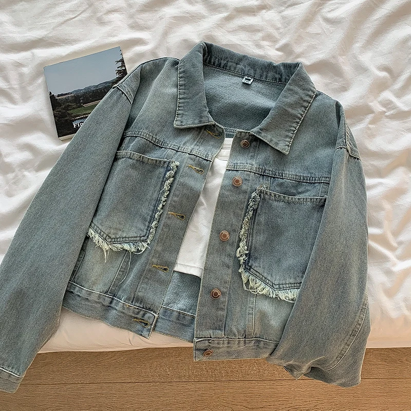 

Модная Джинсовая куртка, пальто 2024, Женская весенне-осенняя темпераментная куртка в американском стиле, повседневные винтажные свободные короткие топы