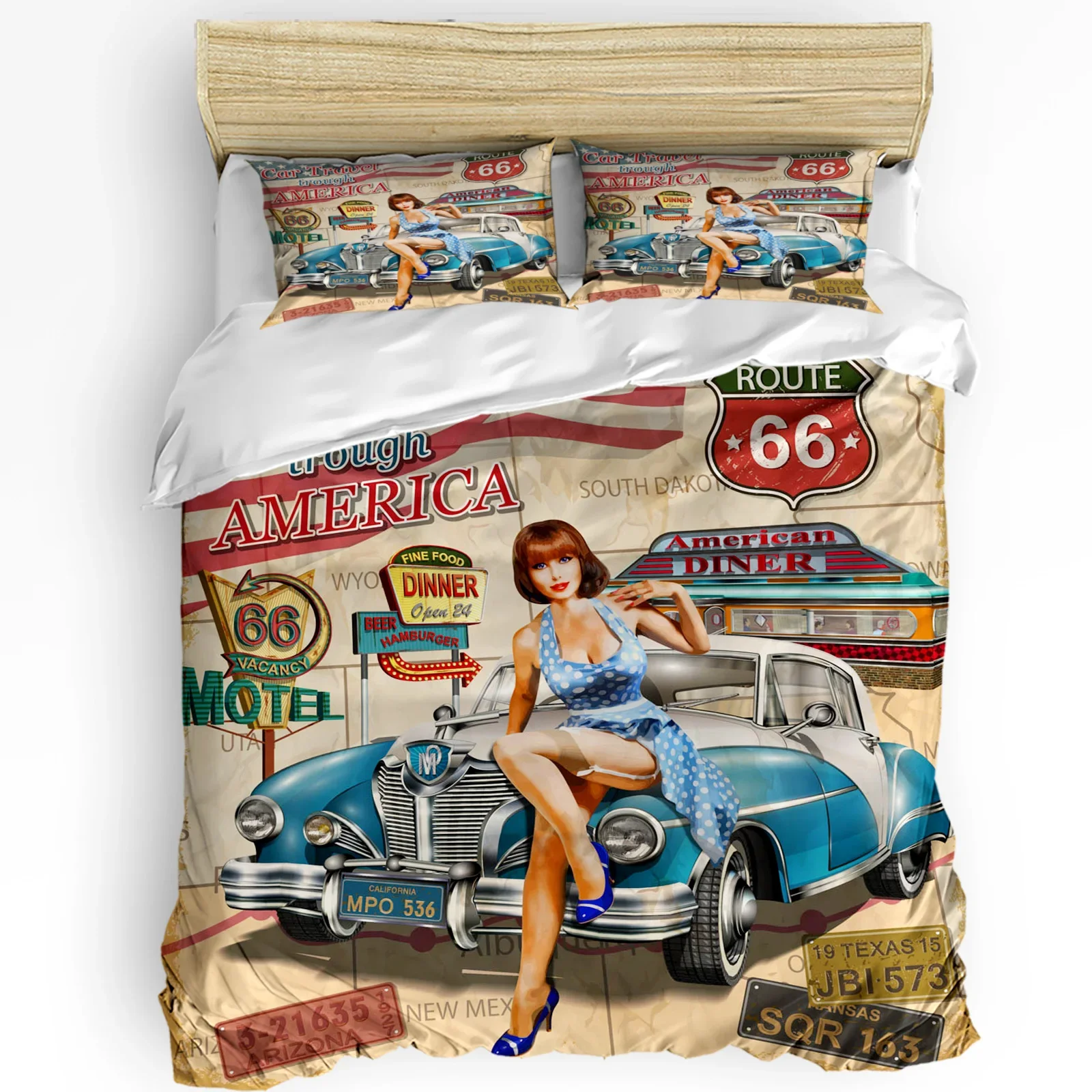 

Beauty Sexy Girl Car Retro Printed Comfort Duvet Cover Pillow Case Home Textile Quilt Cover Boy Kid Teen Girl 3pcs Bedding Set